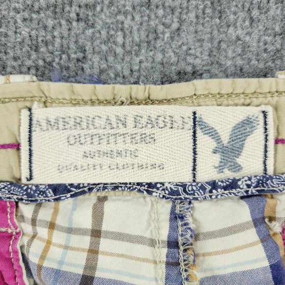 American Eagle Shorts Men's Size 36 Beige Plaid Chino Embroidered Logo Pockets - Picture 15 of 16